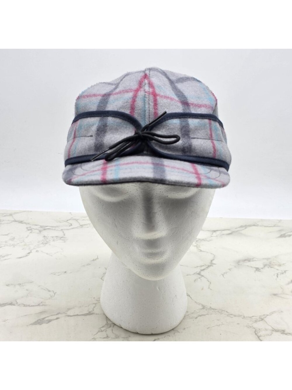 Stormy Kromer Hat Cap Fitted Womens 6 7/8 Gray Plaid Wool Ear Flap Lined Winter